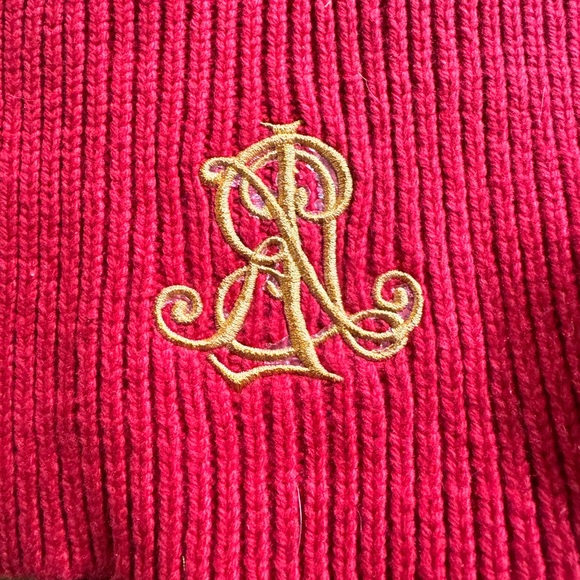 Lauren Ralph Lauren Red Cable Knit Scarf Logo Monogram RL Rhinestone Accent - Picture 5 of 5